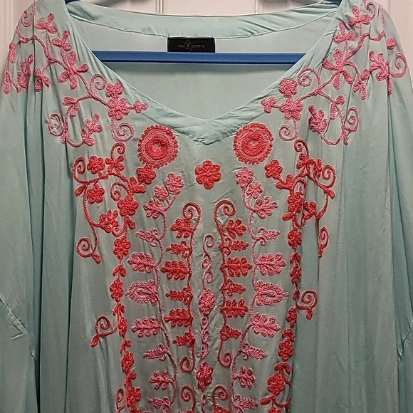 Embroidered Seafoam Swimsuit Coverup With Fringed Hem Pink And Coral One Size - Picture 2 of 10